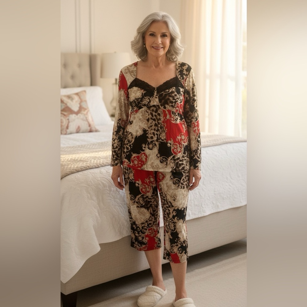 Elegant Red and Black Patterned Two-Piece Set Pajamas